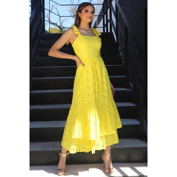 Flying Tomato Yellow Lace Double Ruffle Layer Midi Dress - Picture 8 of 8